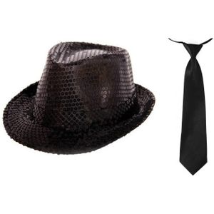 Boland - Verkleedkleding set - Glitter hoed/stropdas zwart volwassenen