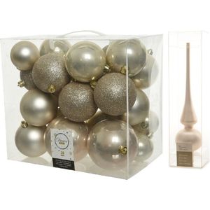 Kerstversiering kunststof kerstballen parel/champagne 6-8-10 cm pakket van 27x stuks - Met mat glazen piek van 26 cm