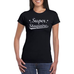 Super stagiaire cadeau t-shirt met zilveren glitters op zwart voor dames - stage kado shirt