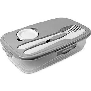 1x Lunchbox grijs met bestek 1 liter plastic - Salade to go - Paris - Luchtdicht/hermetisch afgesloten vershouddoos bakje - Mealprep - Maaltijden bewaren