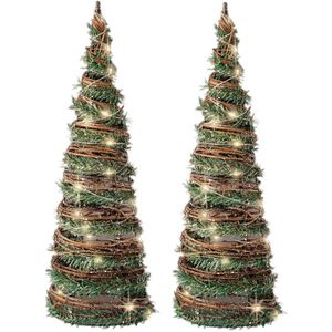 Set van 2x stuks kerstverlichting figuren Led kegels kerstboom rotan lampen 40 cm - Verlichte kegels/kegelvorm bomen