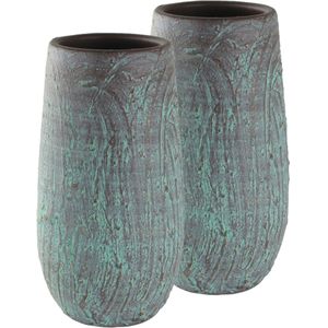 Set van 2x stuks hoge bloempotten/plantenpotten vaas van keramiek in de kleur antiek brons/groen met diameter 17 cm en hoogte 37 cm