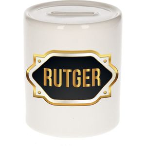 Rutger naam cadeau spaarpot met gouden embleem - kado verjaardag/ vaderdag/ pensioen/ geslaagd/ bedankt