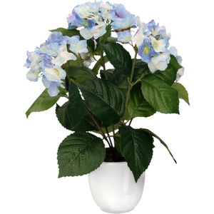 Hortensia kunstplant/kunstbloemen 40 cm - blauw - in pot wit glans - Kunst kamerplant