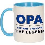 Opa the man the myth the legend cadeau mok / beker wit en blauw - 300 ml - verjaardag - kado koffiemok / theebeker