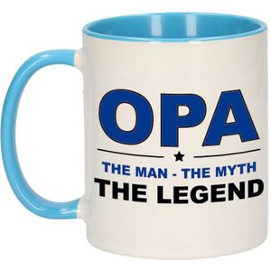 Opa the man the myth the legend cadeau mok / beker wit en blauw - 300 ml - verjaardag - kado koffiemok / theebeker