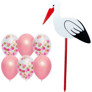 Geboorte versiering meisje - ooievaar geboorte bord - 100 cm hoog - 6x roze confetti ballonnen