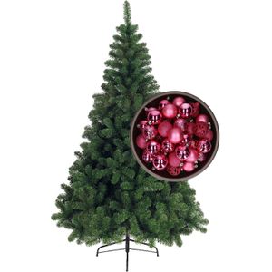 Bellatio Decorations kerstboom H210 cm - met kerstballen fuchsia roze