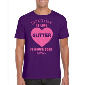 Bellatio Decorations Gay Pride T-shirt voor heren - being gay is like glitter - paars/roze - LHBTI