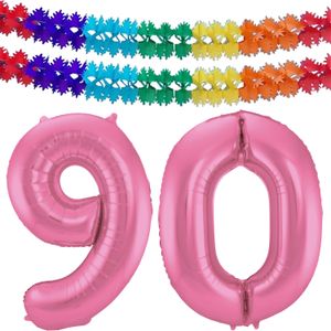Folat folie ballonnen - Verjaardag leeftijd cijfer 90 - glimmend roze - 86 cm - en 2x feestslingers