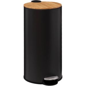 5Five prullenbak/pedaalemmer Bamboe - zwart - metaal - 30 liter - 38 x 29 x 60 cm - keuken
