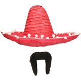 Carnaval verkleed set - Mexicaanse sombrero hoed dia 45 cm met plaksnor - rood - heren