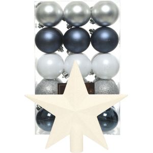 Kerstballen 30x st - 6 cm - met ster piek - blauw/wit/zilver -kunststof