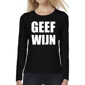 Geef Wijn tekst t-shirt long sleeve zwart voor dames - Geef Wijn shirt met lange mouwen