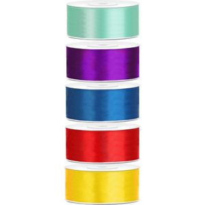 5x rollen satijnlint geel-mint-rood-paars-blauw 2.5 cm x 25 meter - Hobby cadeaulint