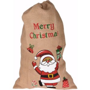 Jute kerst cadeauzakken met kerstman 90 cm - Kerstcadeautjes/kerstcadeaus zakken/tassen