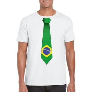 Wit t-shirt met Braziliaanse vlag stropdas heren - Brazilie supporter