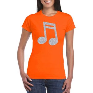 Zilveren muziek noot  / muziek feest t-shirt / kleding - oranje - voor dames - muziek shirts / muziek liefhebber / outfit