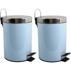 MSV Prullenbak/pedaalemmer - 2x - metaal - pastel blauw - 3 liter - 17 x 25 cm - Badkamer/toilet