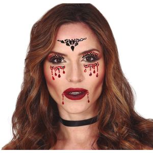 Plak diamantjes vampier gezicht versiering rood/zwart - Halloween gezicht make-up/schmink steentjes