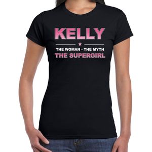 Naam cadeau Kelly - The woman, The myth the supergirl t-shirt zwart - Shirt verjaardag/ moederdag/ pensioen/ geslaagd/ bedankt