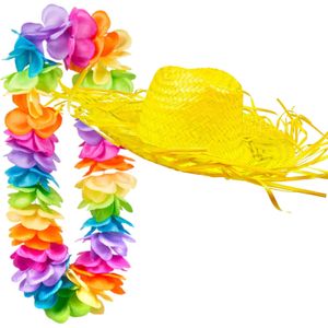 Carnaval verkleedset - Tropical Hawaii party - strohoed geel - en volle bloemenslinger multi colours - voor dames
