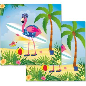 20x Papieren dieren thema tafel servetten met flamingo op het strand - 33 x 33 cm - Papieren tafeldecoraties - Papieren wegwerpservetten 3-laags - Feest artikelen versiering
