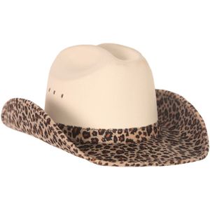 Cowboy/western verkleed hoed - beige -luipaard look - voor volwassenen
