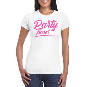 Bellatio Decorations Verkleed T-shirt voor dames - party time - wit - roze glitter - carnaval