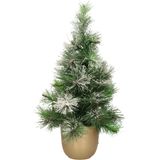 Everlands Kerstboom - kleine kunstkerstboom met sneeuw - H60 cm - metalen pot goud