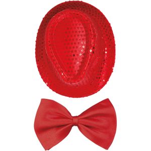 Carnaval verkleed set compleet - hoedje en vlinderstrikje - rood - heren/dames - glimmend - verkleedkleding