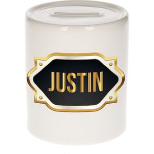 Justin naam cadeau spaarpot met gouden embleem - kado verjaardag/ vaderdag/ pensioen/ geslaagd/ bedankt