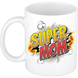 Super mom cadeau mok / beker - wit - comic stijl / popart - cadeau voor mama / moederdag