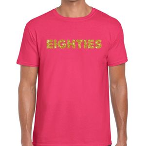 Eighties gouden glitter tekst t-shirt roze heren - Jaren 80/ Eighties kleding