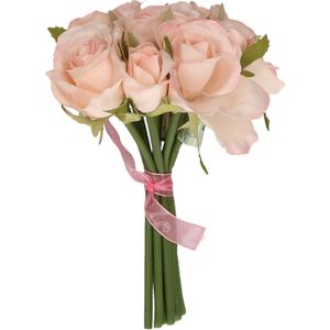 Boeketje kunstbloemen - rozen - roze - 20 cm - 9x stuks - Bruidsboeketten