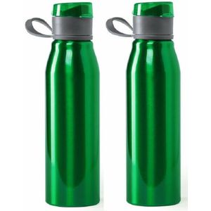 Aluminium waterfles/drinkfles/bidon/sportfles - 2x - metallic groen - met schroefdop - 700 ml
