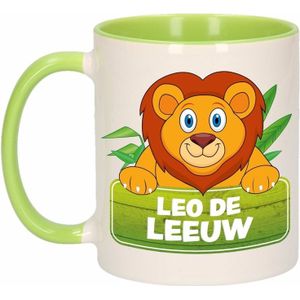 1x Leo de Leeuw beker / mok - groen met wit - 300 ml keramiek - leeuwen bekers