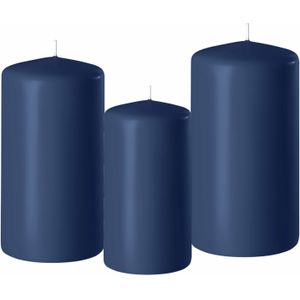Set van 3x stuks donkerblauwe stompkaarsen 10-12-15 cm met diameter 6 cm - Sfeer kaarsen voor binnen