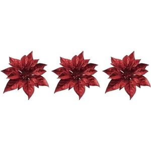 3x Kerstboomversiering bloem op clip rode kerstster 18 cm - kerstfiguren - rode kerstversieringen