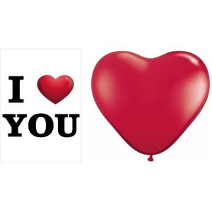 I Love You mega deurposter 59 x 84 cm en 25 stuks hartjes ballonnen rood - Valentijnsdag decoratie / romantisch cadeau