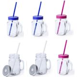 9x stuks Glazen Mason Jar drinkbekers met dop en rietje 500 ml - 3x zilver/3x blauw/3x roze - afsluitbaar/niet lekken/fruit shakes