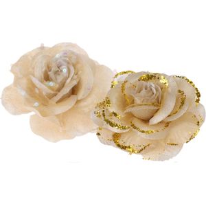 2x stuks decoratie bloemen rozen goud op clip 9 cm - Kerstversiering/woondeco/knutsel/hobby bloemetjes/roosjes