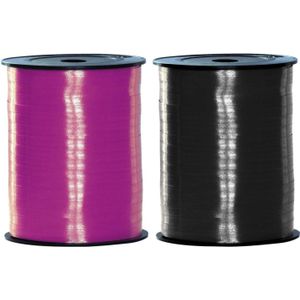 Pakket van 2 rollen lint zwart en fuchsia roze 500 meter x 5 milimeter breed - Feestartikelen en versiering