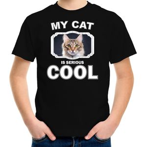 Bruine kat katten t-shirt my cat is serious cool zwart - kinderen - katten / poezen liefhebber cadeau shirt - kinderkleding / kleding
