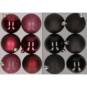 12x stuks kunststof kerstballen mix van aubergine en zwart 8 cm - Kerstversiering