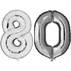 80 jaar zilveren folie ballonnen 88 cm leeftijd/cijfer - Leeftijdsartikelen 80e verjaardag versiering - Heliumballonnen