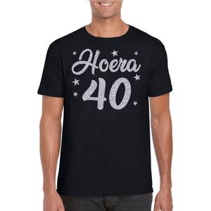 Hoera 40 jaar verjaardag cadeau t-shirt - zilver glitter op zwart - heren - cadeau shirt