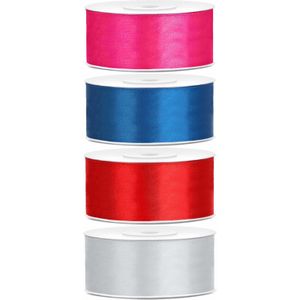 4x rollen satijnlint rood-zilver-blauw-roze 2.5 cm x 25 meter - Hobby cadeaulint