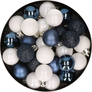 28x stuks kunststof kerstballen donkerblauw en wit mix 3 cm - Kerstboomversiering