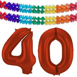Folat folie ballonnen - Leeftijd cijfer 40 - rood - 86 cm - en 2x slingers